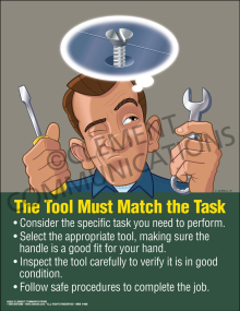 Industrial tool safety poster titled "The Tool Must Match the Task" outlining steps for selecting, fitting, inspecting, and safely using hand tools.