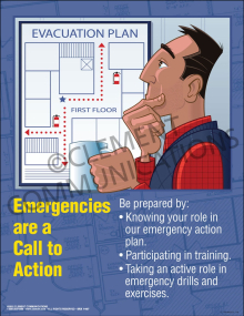 "Emergencies are a Call to Action" safety poster from Clement, encouraging employees to know their roles in the facility's emergency action plan.