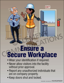 Ensure a Secure Workplace safety poster highlighting the importance of wearing identification and following security protocols in the workplace.