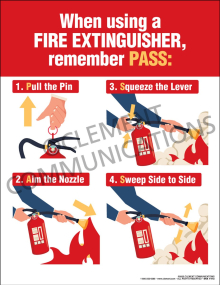 When Using a Fire Extinguisher Remember P.A.S.S Poster featuring clear, step-by-step visual instructions for the P.A.S.S. method.