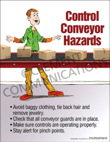 Control Conveyor Hazards Poster outlining warehouse safety rules, machinery entanglement hazards, and precautions for operators.