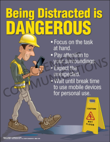 Being Distracted is Dangerous workplace safety poster emphasizing the importance of focus to prevent injuries.