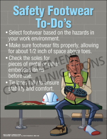 "Safety Footwear To-Do's" safety poster from Clement, providing guidance on selecting the right protective footwear for work hazards.