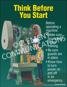 "Think Before You Start" safety poster from Clement, reminding workers to ensure they have received proper training before operating any machinery.