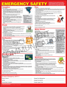 Emergency Response safety poster providing instructions on how to react to fires, floods, earthquakes, chemical spills, and severe weather.