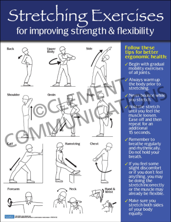 Stretching Exercises for Improving Strength & Flexibility Poster demonstrating techniques to improve strength and flexibility and reduce muscle stiffness in the workplace.