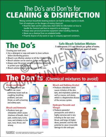 The Do's and Don'ts for Cleaning & Disinfection Infographic Poster detailing chemical safety precautions and proper workplace sanitization procedures.