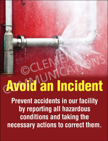 Workplace safety poster titled "Prevention: Avoid an Accident" featuring high-contrast text and graphic elements designed to encourage proactive hazard mitigation.