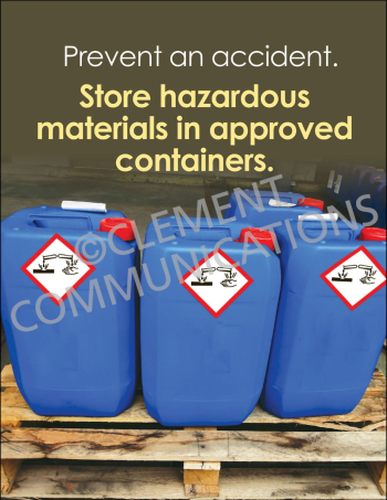 "Approved Containers" safety poster from Clement Communications, emphasizing the importance of using certified containers for hazardous material storage.