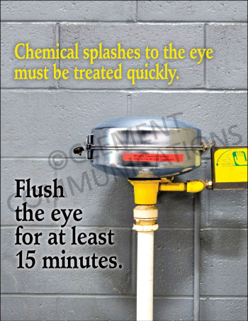 "Flush the Eye" safety poster from Clement Communications, providing clear instructions to flush eyes for at least 15 minutes after a chemical splash.
