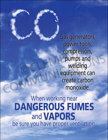 "Dangerous Fumes" safety poster from Clement Communications, warning against the hazards of carbon monoxide and toxic gases from engines and equipment.