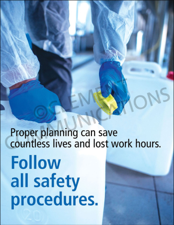 "Proper Planning" safety poster from Clement Communications, emphasizing the importance of following procedures to save lives and prevent injuries.