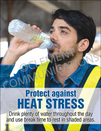 Heat safety poster titled "Protect Against Heat Stress" featuring essential precautions, cooling tips, and hydration reminders for industrial and outdoor workers.