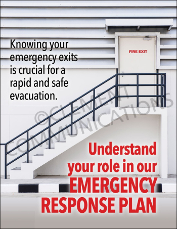 "Understand Your Role in Our Emergency Response Plan" safety poster from Clement, designed to communicate evacuation procedures and exit locations.