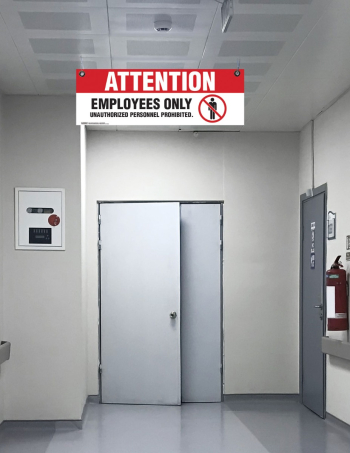 "Employees Only" corrugated ceiling sign from Clement, designed to limit access to work areas and enhance workplace security.