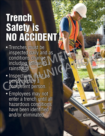 "Trench Safety is No Accident" excavation safety poster from Clement, emphasizing the importance of identifying hazards before entering any trench.
