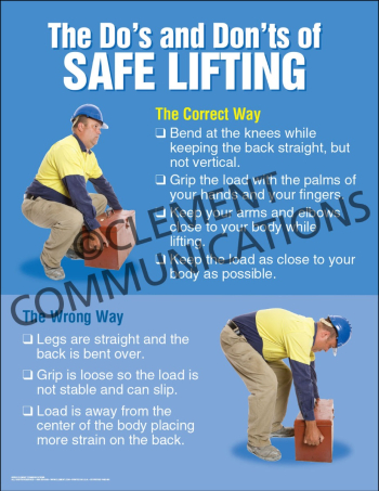 "Do's and Don'ts of Safe Lifting" safety poster providing a visual comparison between correct lifting techniques and dangerous practices that cause injury.