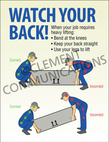 Team Lift - Watch Your Back safety poster demonstrating the correct technique for two-person lifting of heavy objects to prevent workplace back injuries.
