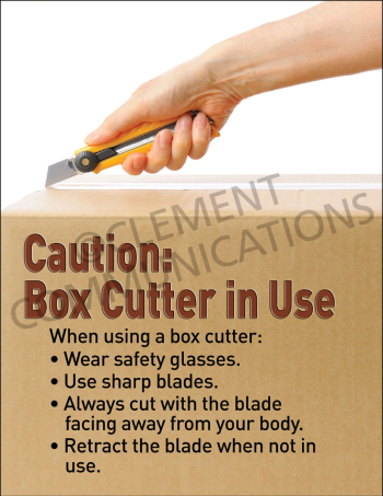 Box Cutter in Use safety poster featuring a reminder to retract the blade when the tool is not in use to prevent accidental cuts.