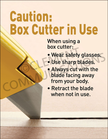 Caution Box Cutter safety poster outlining essential safety steps and precautions for employees using box cutters and utility knives.