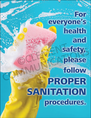 "Proper Sanitation Procedures" safety poster from Clement, encouraging employees to follow essential hygiene and sanitation protocols.