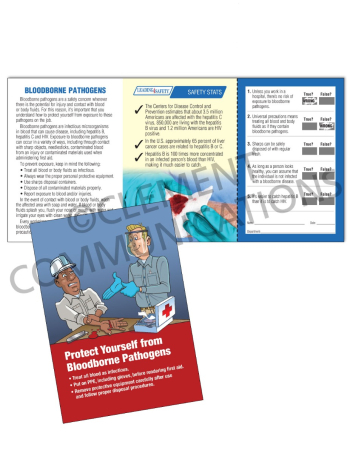 Compact 3" x 5" tri-fold workplace safety training pocket guide titled "Bloodborne Pathogens" shown alongside its detachable scratch-off employee quiz card.