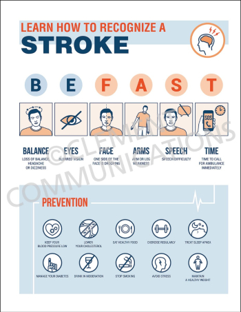 Learn How to Recognize a Stroke safety poster detailing essential warning signs and emergency response procedures for a stroke.