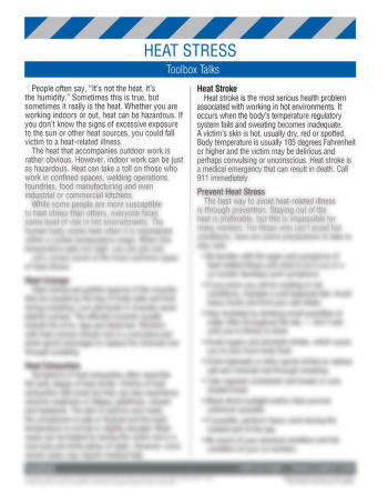 Heat Stress-Illness Toolbox Talk training sheet featuring a safety meeting guide and an employee review quiz for indoor and outdoor heat hazards.
