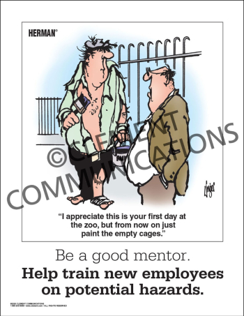 Workplace training and culture poster titled "Herman – Be a Good Mentor" highlighting the sharing of knowledge, experience, and safety habits with others.