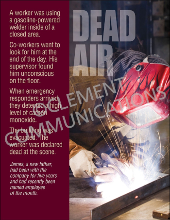 Workplace safety poster titled "Dead Air" warning workers about the colorless, odorless dangers of carbon monoxide when using gasoline-powered equipment.