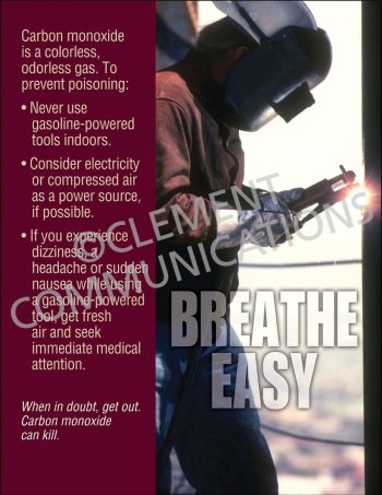 Workplace hazard safety poster titled "Carbon Monoxide: Breathe Easy" detailing precautions, symptoms, and proper ventilation steps to prevent gas poisoning.