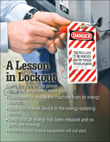 A Lesson in Lockout safety poster instructing employees to disconnect and isolate energy sources beyond just turning off the power.