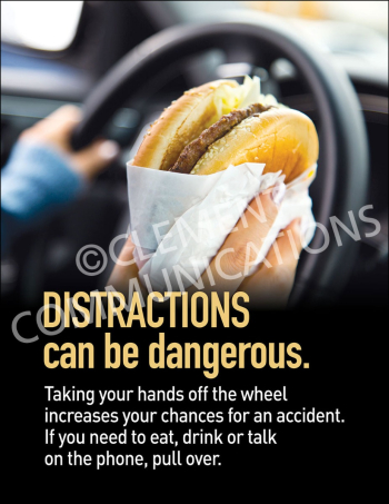 "Eat, Drink or Talk" fleet safety poster from Clement, instructing drivers to pull over before eating, drinking, or talking on the phone.