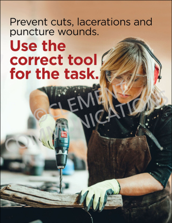 "Use the Correct Tool" safety poster from Clement Communications, designed to prevent cuts and lacerations by encouraging proper tool selection.