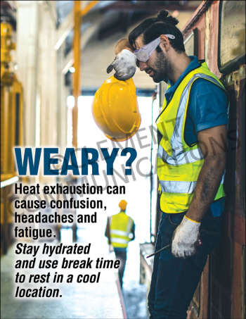 Workplace safety poster titled "Weary?" addressing the dangers of employee fatigue and providing tips for maintaining alertness and mental focus at work.