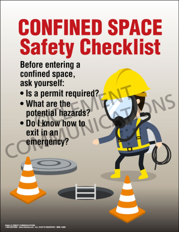 Confined Space Safety Checklist poster featuring critical pre-entry questions and safety protocols for employees working in hazardous confined spaces.