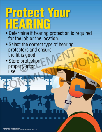 PPE - Protect Your Hearing safety poster instructing employees to determine if hearing protection is required for their specific job or location.