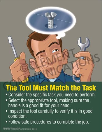 Industrial tool safety poster titled "The Tool Must Match the Task" outlining steps for selecting, fitting, inspecting, and safely using hand tools.