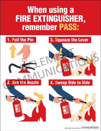 When Using a Fire Extinguisher Remember P.A.S.S Poster featuring clear, step-by-step visual instructions for the P.A.S.S. method.
