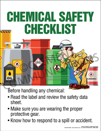 "Chemical Procedure Checklist" safety poster from Clement Communications, providing a step-by-step guide for responding to chemical spills or accidents.