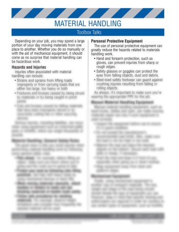 Warehouse Safety Material Handling Toolbox Talk training sheet with a 15-minute meeting guide and a 10-question employee quiz.