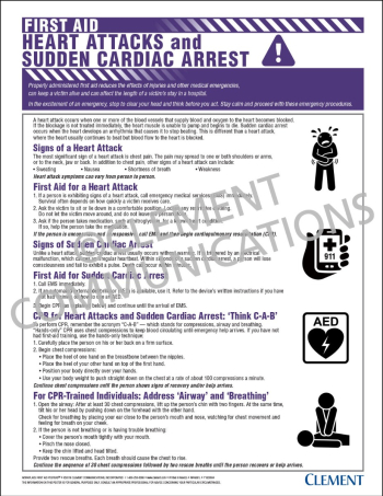 First Aid - Heart Attacks and Sudden Cardiac Arrest safety poster explaining the differences between heart blockages and arrhythmias with response steps.