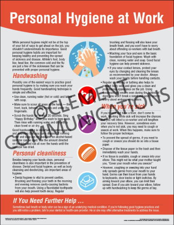 Health and Wellness Personal Hygiene at Work Poster emphasizing habits to keep healthy and prevent illness.