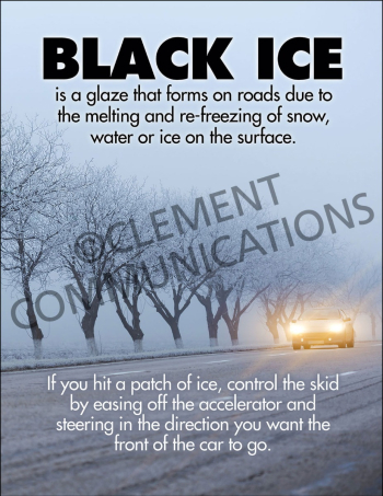 "Winter Hazards - Black Ice" fleet safety poster from Clement, providing instructions on how to react when hitting black ice while driving.