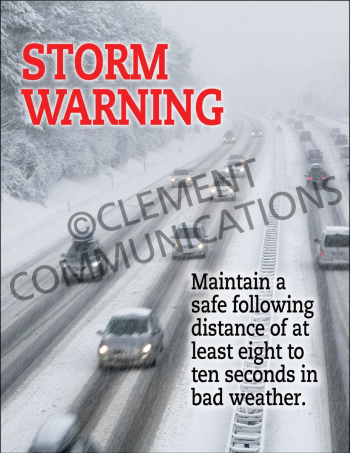Winter Storm Warning safety poster explaining weather alerts and precautions for heavy snow and blowing snow hazards.