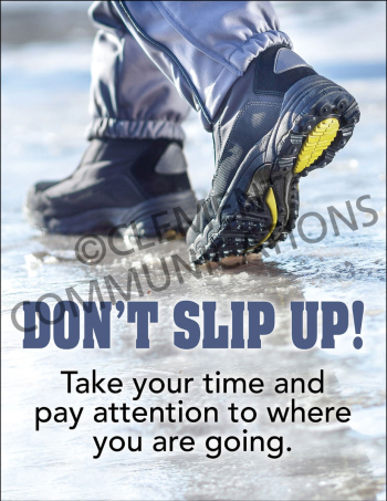 "Winter Hazards - Don't Slip Up" safety poster from Clement, illustrating the correct way to walk on icy or snowy surfaces to prevent falls.