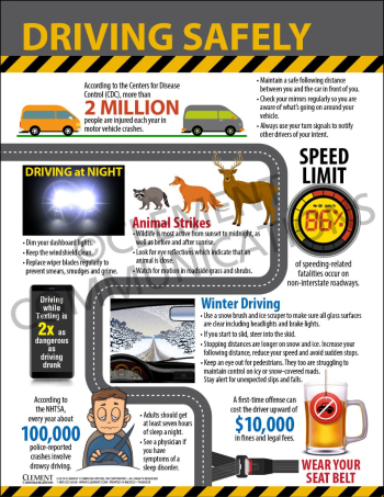 Safe Driving Infographic Poster featuring statistics on work-related motor vehicle crashes and tips to stay safe behind the wheel.