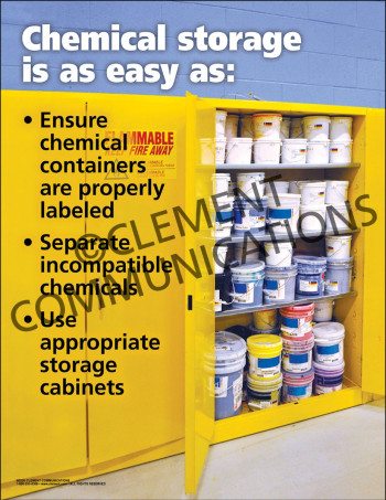 "Chemical Storage" safety poster from Clement, emphasizing routine inspections and strict inventory control for hazardous materials.