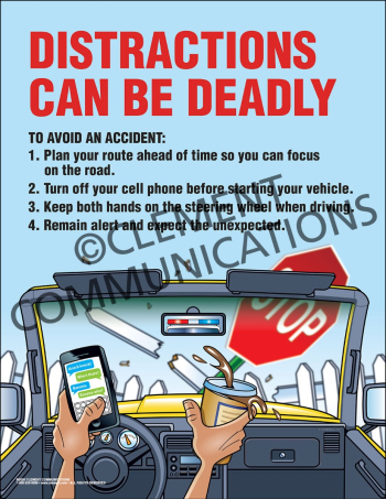Distractions Can Be Deadly safety poster highlighting the dangers of texting and driving.