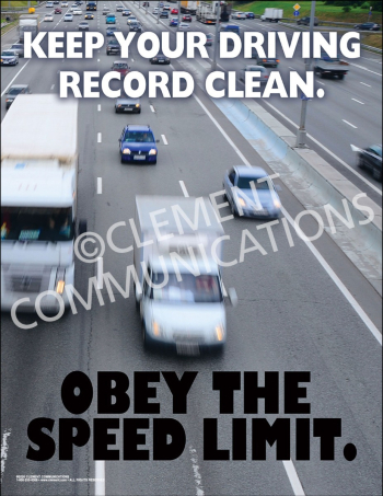 Workplace traffic safety poster titled "Obey the Speed Limit" featuring bold warning text and graphics to regulate vehicle speeds inside a facility or warehouse.